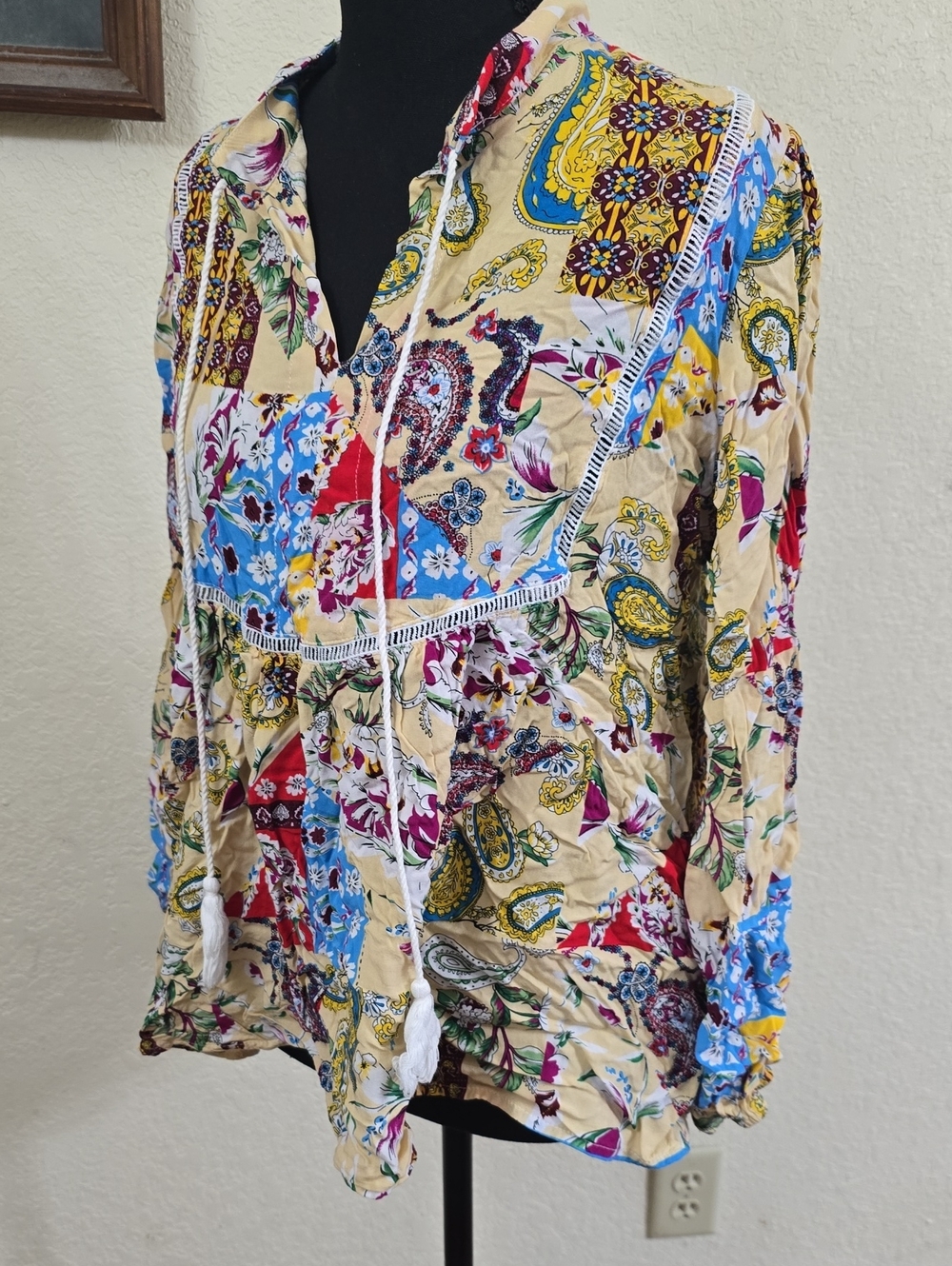 BOHO Patchwork style Paisley Blouse in Beige, Blue, White, Yellow & Red